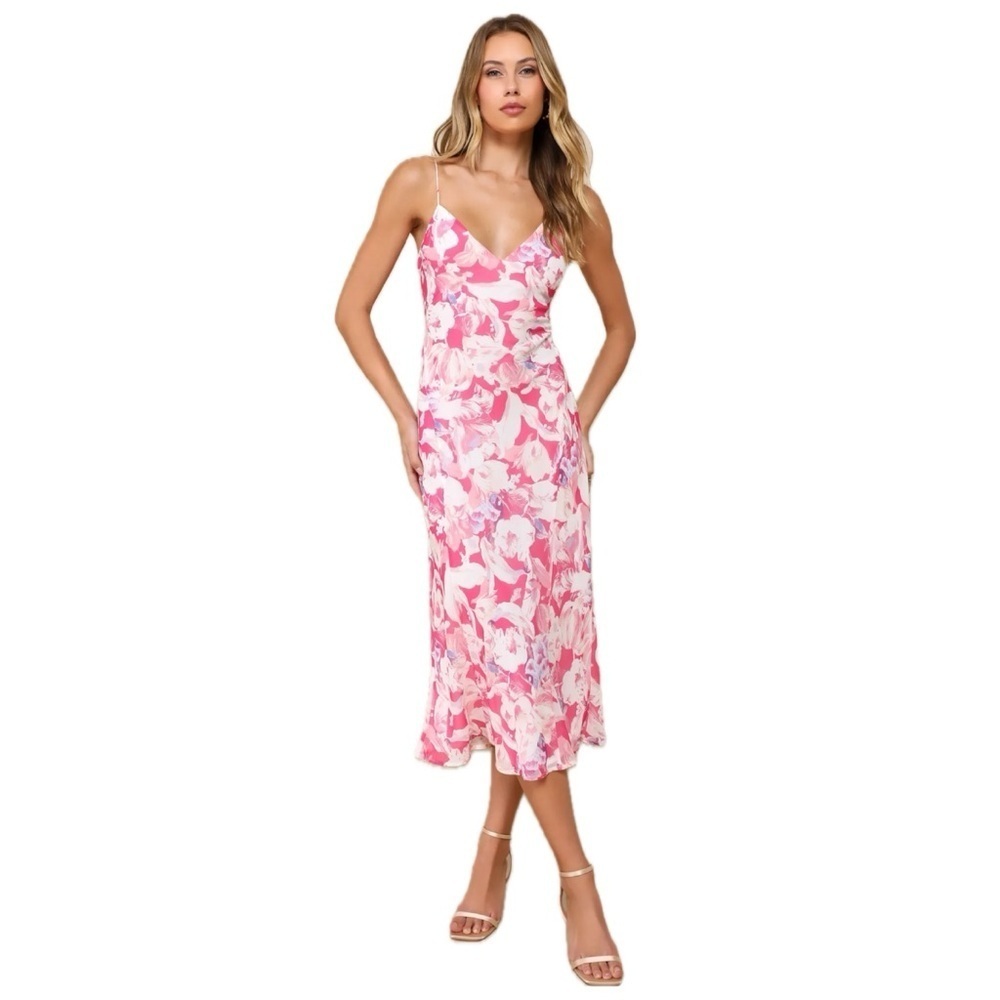 Lulus Radiant Confidence Hot Pink Floral Chiffon Lace-Up Midi Dress